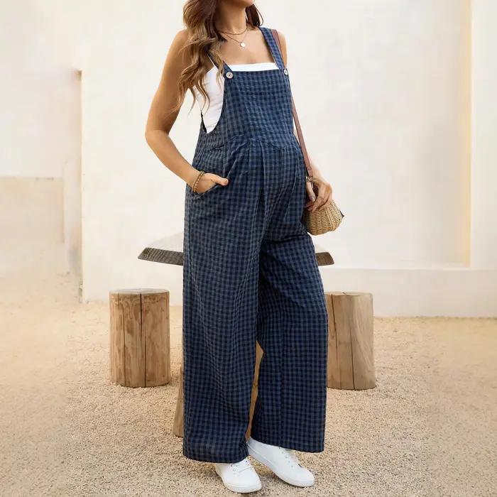 Combinaison ample à carreaux pour femmes enceintes, salopette décontractée à jambes larges pour la maternité, printemps-été