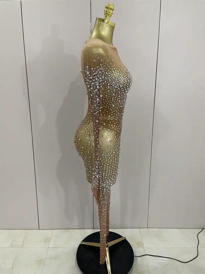 Combinaison de luxe en maille transparente pour femmes, strass scintillants, Sexy, moulante, robe d'