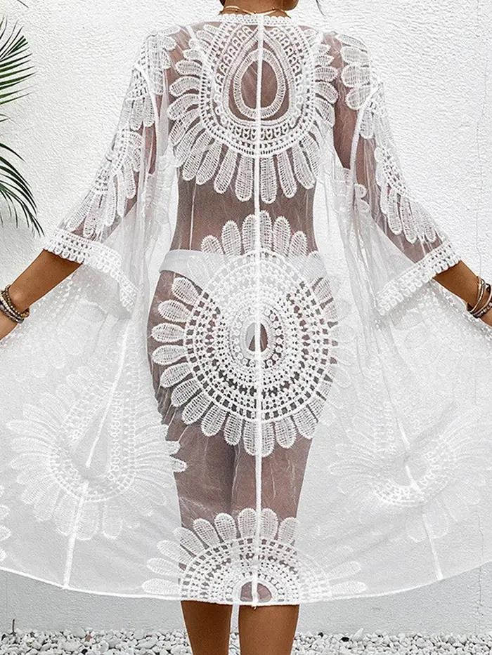 Kimono plage femme dentelle transparente broderie florale robe couverture été plage vacances