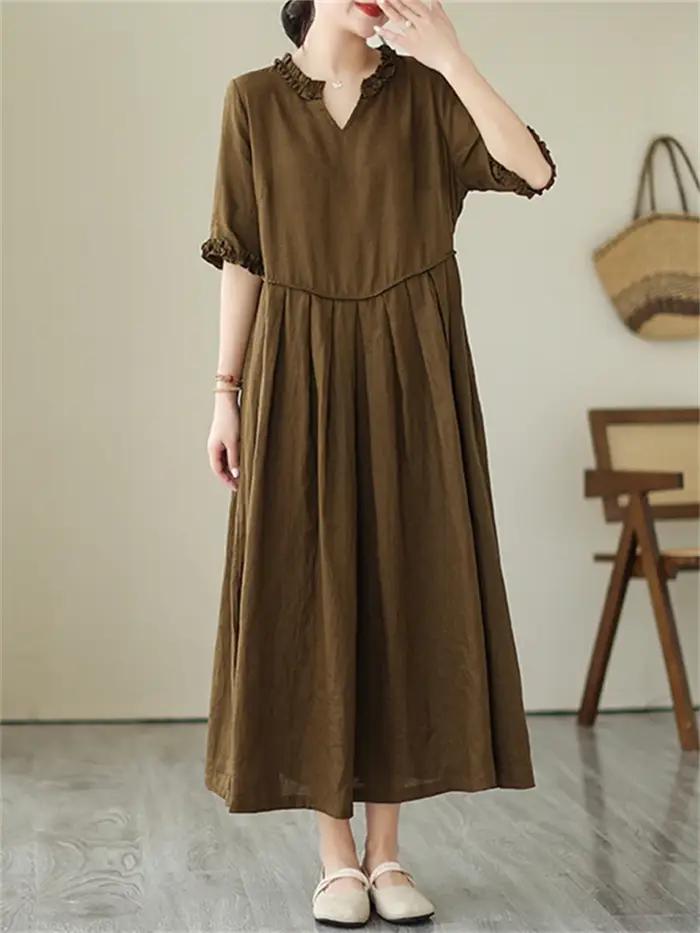 Robe en coton vintage de couleur café décontractée pour femmes occasions spéciales été 2026