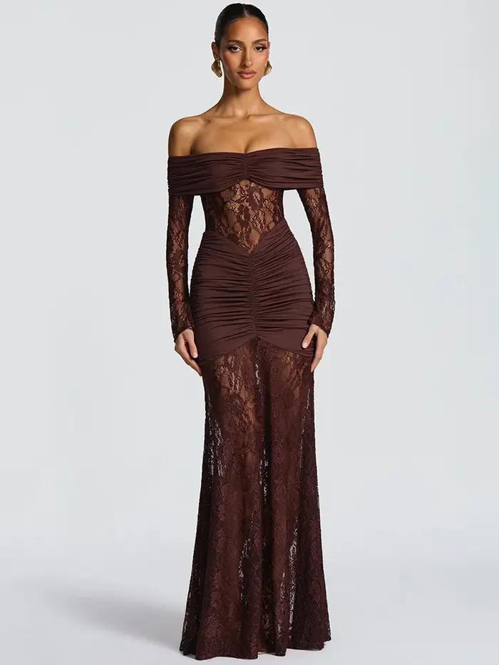 Mozision épaules dénudées à manches longues Sexy robe Maxi femmes mode dentelle voir à travers bretelles dos nu moulante