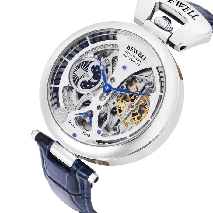 Montre automatique mécanique étanche haut de gamme bracelet cuir véritable fond transparent acier inoxydable