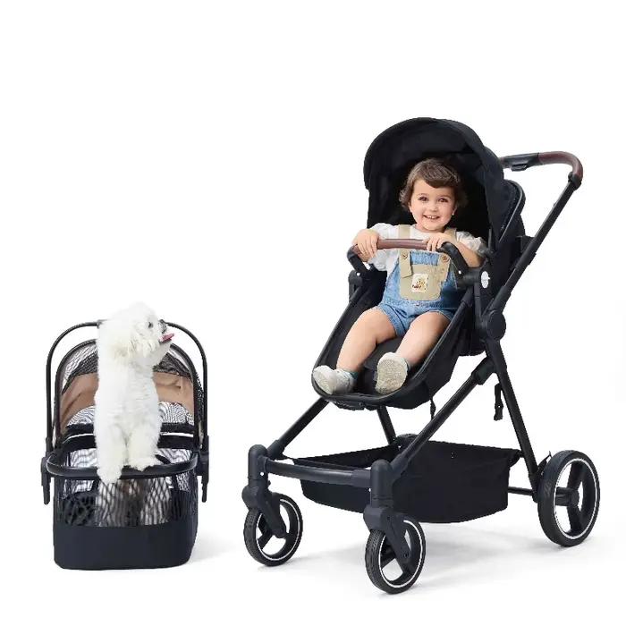 Cette poussette multifonctionnelle combine les fonctions pour bébé et pour animal de compagnie ; ell