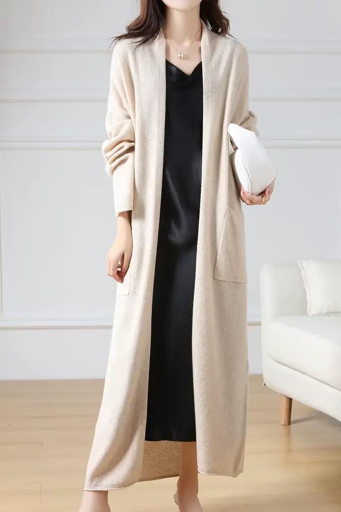 Cardigan en laine à col en V pour femme, pull 100% laine, monochromatique, mode féminine, long, tric