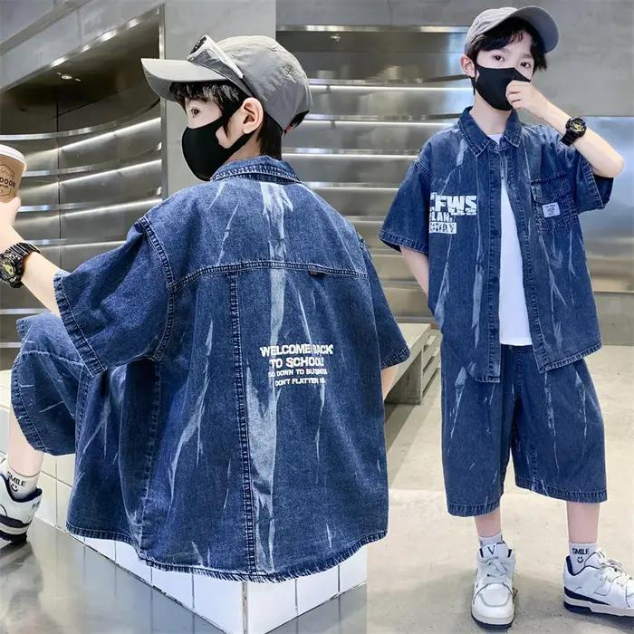 Ensemble d'été cool pour garçons, haut et bas en denim, chemise à manches courtes et short, 2 pièces