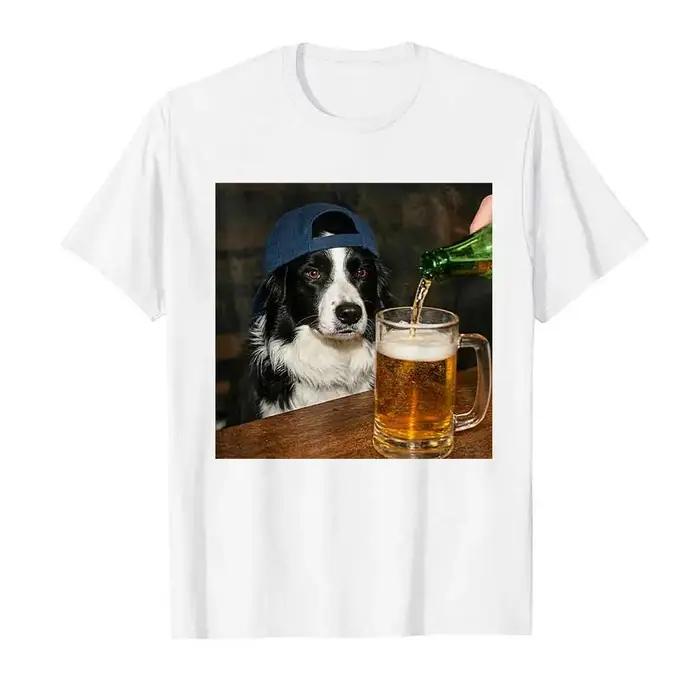 T-shirt à manches courtes 100% coton avec image de Border Collie drôle buvant de la bière pour homme et femme occasions spéciales