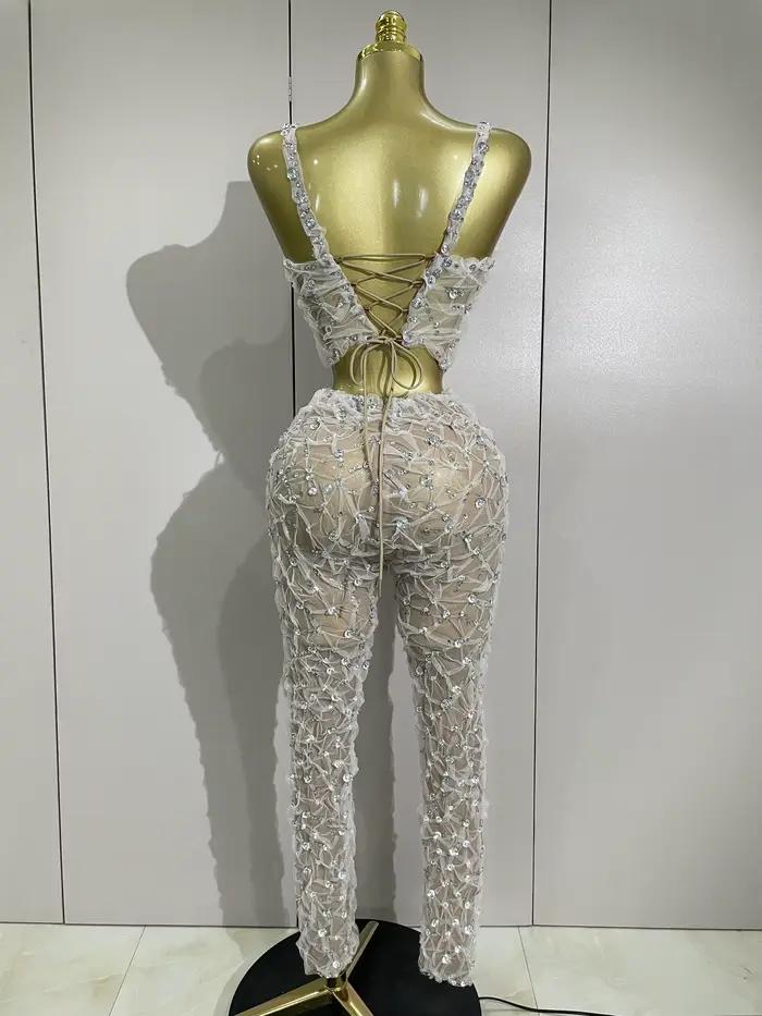Ensemble deux pièces Sexy en dentelle pour femmes, haut à licou + pantalon Long, épissure de diamant