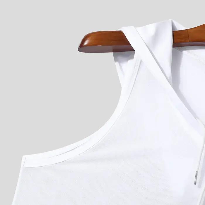 Nouveau Chic hommes à capuche sport débardeurs Sexy couleur unie Transparent sans manches T-shirt ét