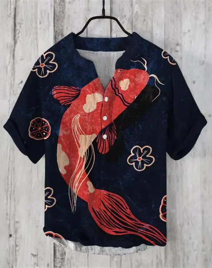 Henry chemise-chemise en lin à manches courtes pour hommes hauts nouvel été T-shirt style décontracté motif de poisson imprimé vêtements de mode Europe