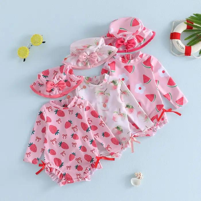 Vêtements de bain pour bébé fille, maillot de bain à manches longues avec imprimé fruits, maillot de bain pour nourrissons avec chapeau de soleil