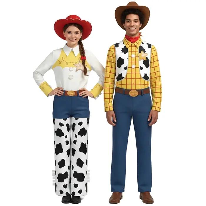Ensemble de costume de cowboy western, chemise à carreaux imprimée vache, pantalon, chapeau, déguisement de cowgirl pour Halloween, carnaval, fête, pour adulte
