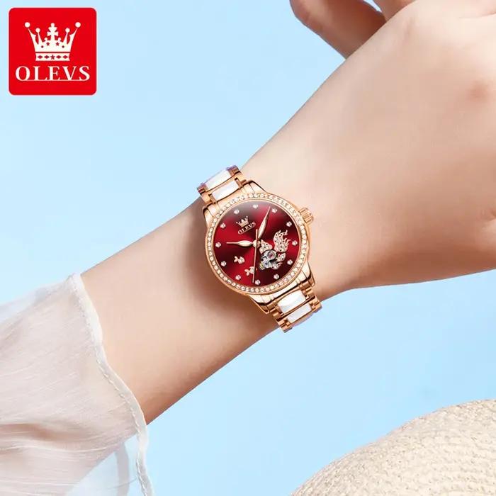 Montre OLEVS 7001 automatique mécanique pour femme en acier inoxydable de luxe avec bracelet élégant