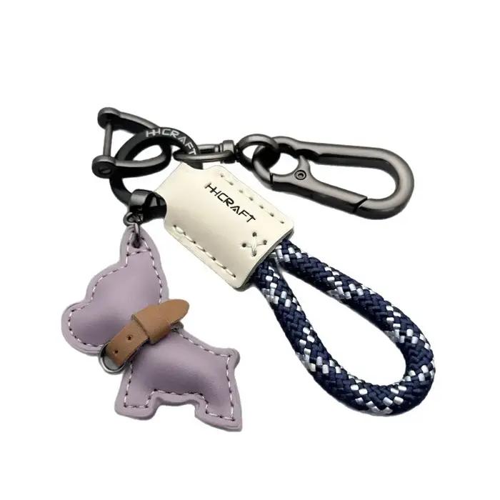 Porte-clés bouledogue français en cuir véritable fait à la main