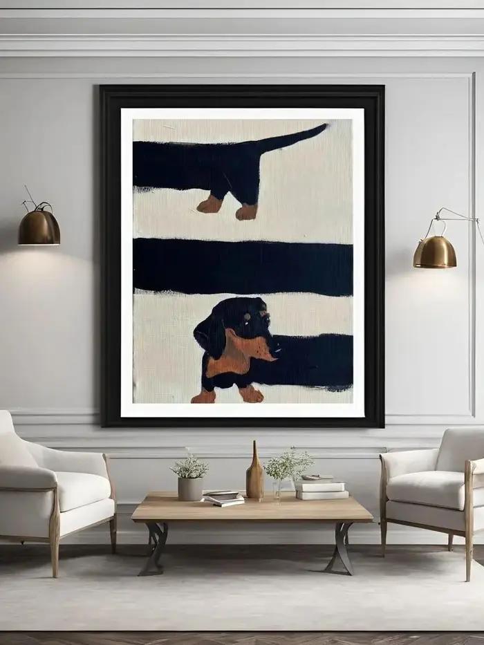 Art mural ludique pour chiens de style mid-century - Impression texturée en impasto de teckels curieux