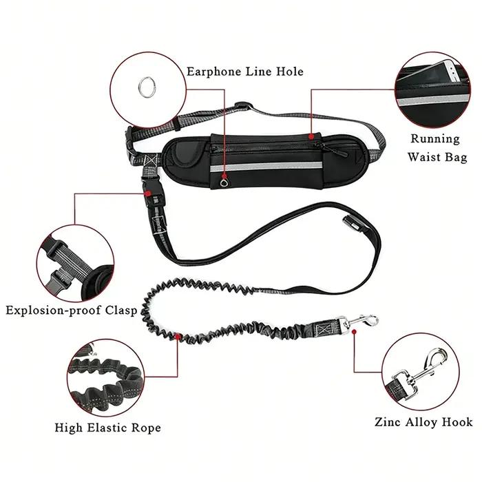Laisse de course pour chien avec sac banane en nylon