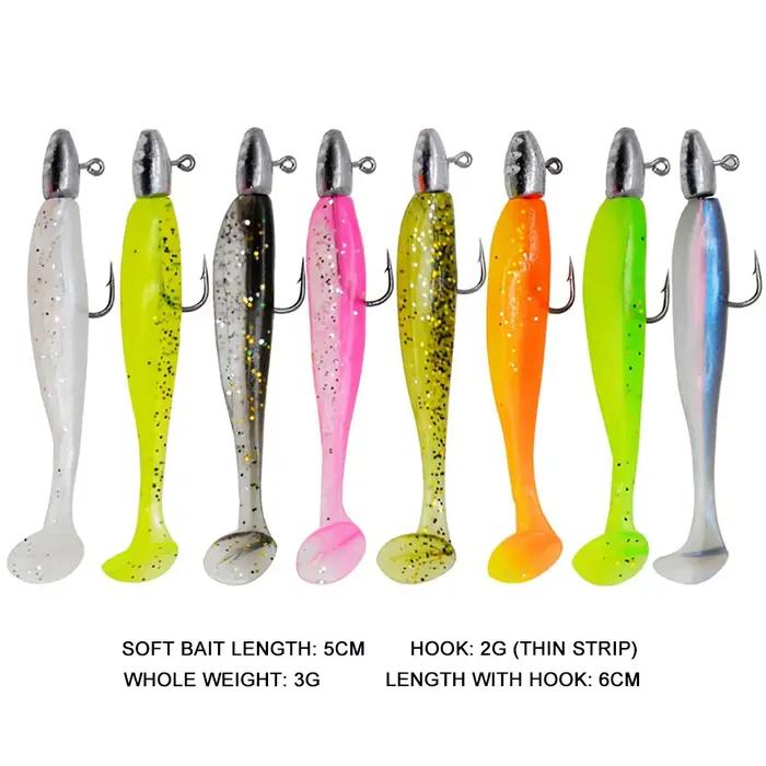 Lot de 5 leurres souples en forme de T, assortis à des hameçons à tête de jig, leurres artificiels,