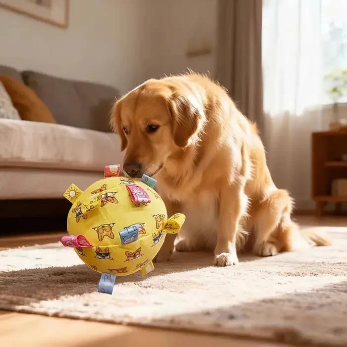 Jouet interactif pour chien avec boule sonore et motifs animaliers