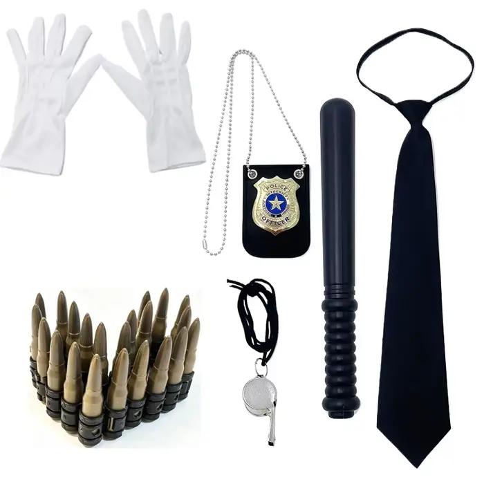 Ensemble de jeu de rôle de policier pour adultes, 6 pièces, chapeau de policier, bâton en plastique, talkie-walkie, cravate, gant, sifflet, accessoires de cosplay