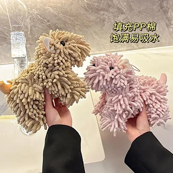 Serviette à main en chenille en forme de chien de dessin animé mignon, serviette absorbante suspendue pour la cuisine et la salle de bain