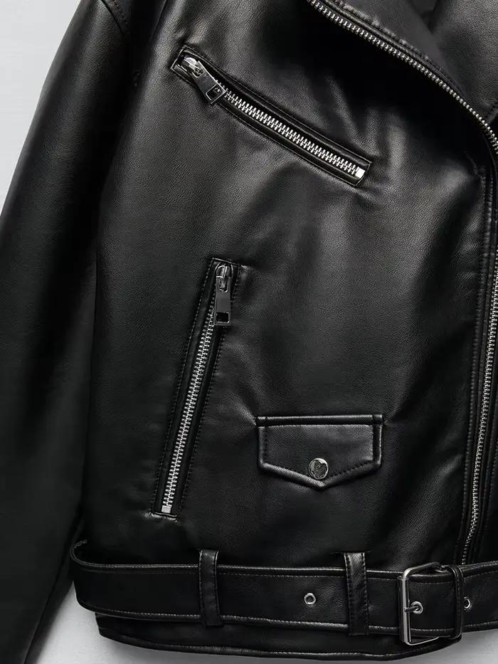 Ailegogo femmes ample moto motard noir Pu Faux cuir veste avec ceinture printemps automne femme mant