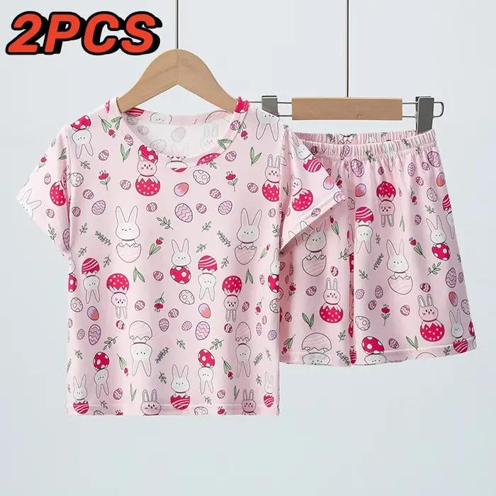 Short d'été 2 pièces pour enfants, costume à manches courtes pour filles, manteau lapin rose doux et