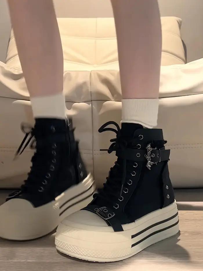 2025 Chaussures montantes rétro noires en toile pour femmes – Baskets à plateforme épaisse pour une