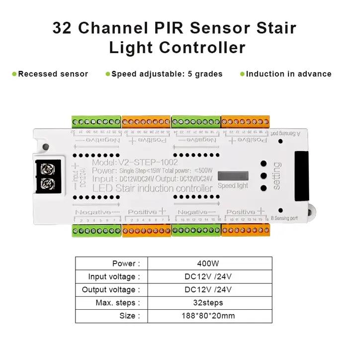 V2 escalier lumière LED contrôleur DC 12V 24V 32 canaux escaliers intérieurs PIR capteur variateur c