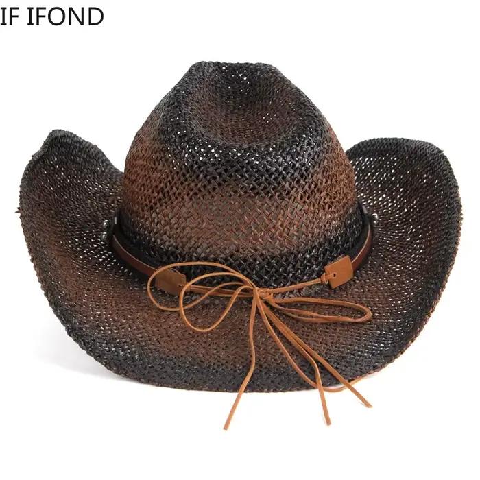 Chapeau de cowboy occidental pour hommes et femmes, tissé à la main, creux, été, extérieur, plage, s