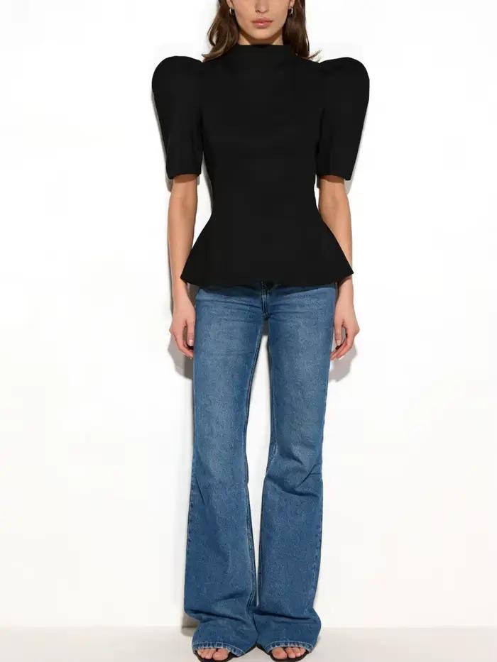 Haut peplum femme cici col montant manches courtes bouffantes silhouette structurée élégant tenue de soirée clubwear mod adaptable toute lannée