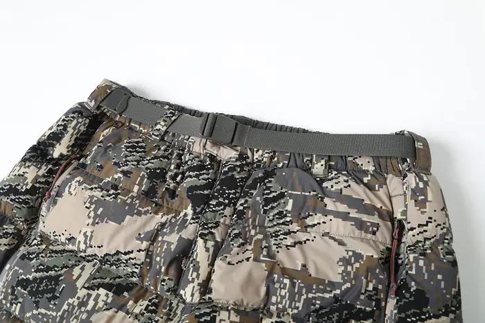Pantalon long en duvet de canard 90%, camouflage, taille élastique, doublure en nylon et spandex, pour chasse et randonnée hivernale, confort et discrétion garantis