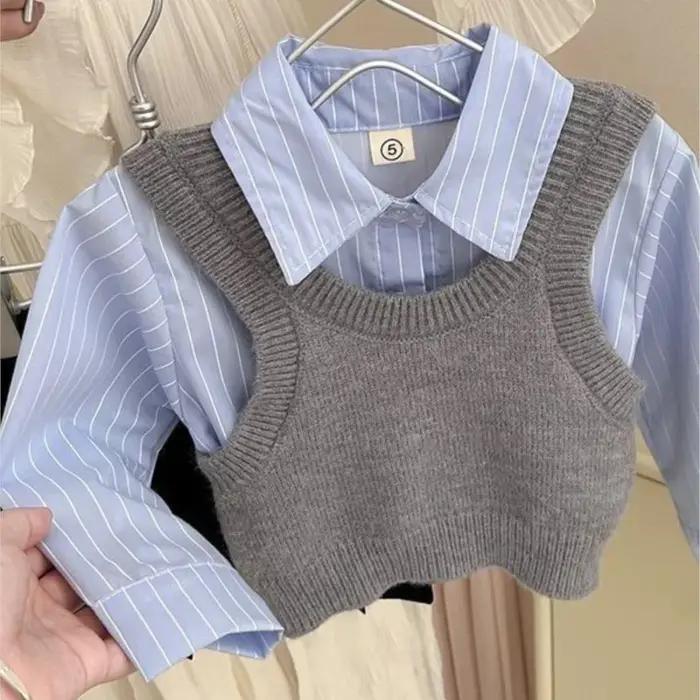 Ensemble de vêtements pour bébé fille, chemise en coton et jupe plissée, tenue à la mode, printemps, automne, hiver, pour enfant de 1 à 10 ans, ajustement parfait, col en V, boutonnage simple