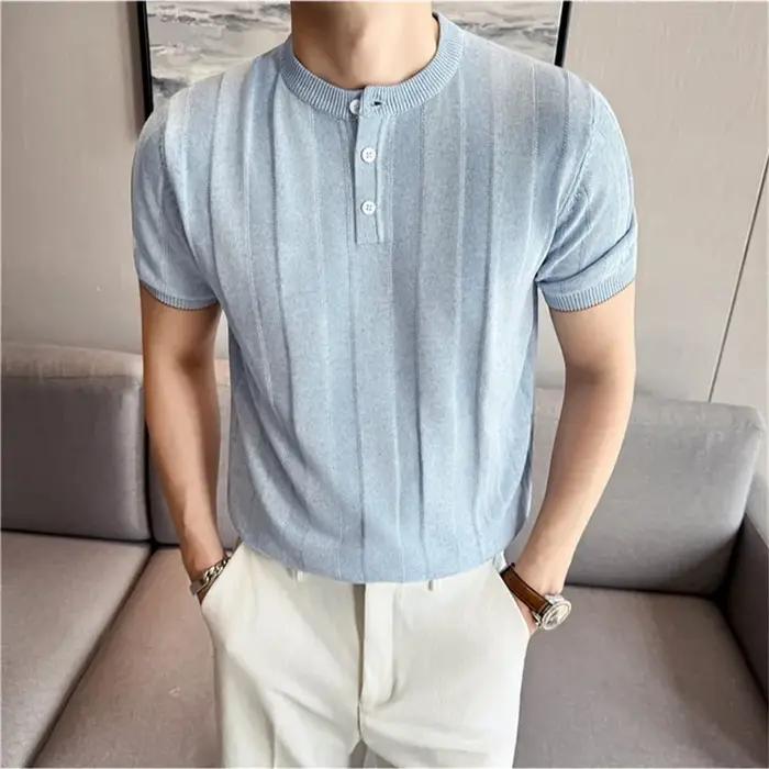 T-shirt d'été en mélange de lin à col Henley pour homme