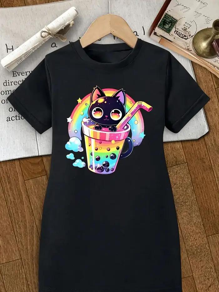Vêtements pour enfants pour filles : robe longue à manches courtes, style Ins pour les enfants plus âgés, t-shirt à manches courtes avec imprimé chat noir arc-en-ciel et thé au lait perlé, convient au