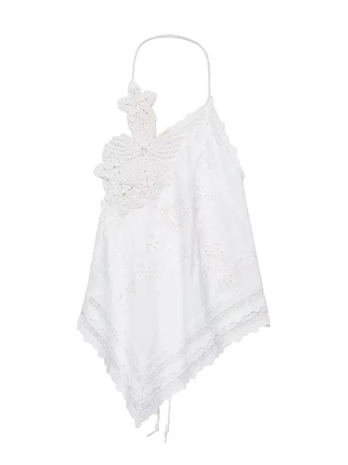 TWOTWINSTYLE vacances asymétrique ourlet hauts pour femmes licou cou sans manches Pathwork Appliques décontracté plage gilet femme vêtements