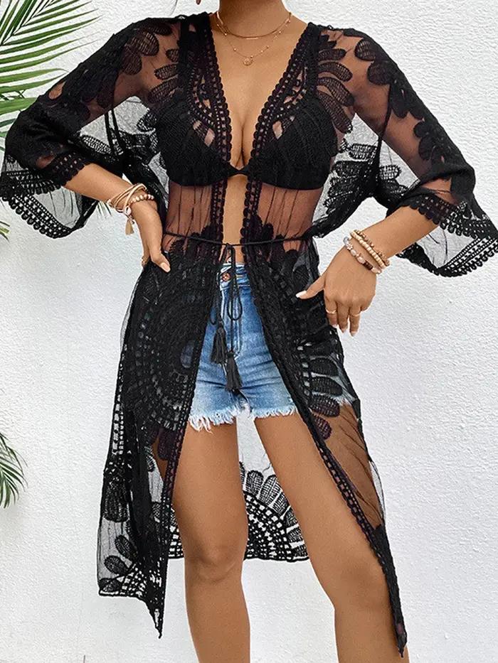 Kimono plage femme dentelle transparente broderie florale robe couverture été plage vacances