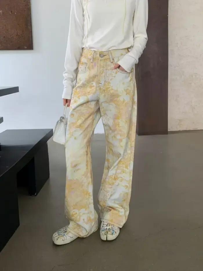 Pantalons Jeans Baggy à Fleurs Jaunes Tie Dye Mode Y2K 2025 pour Femmes Vêtements Coréens Casual Dro