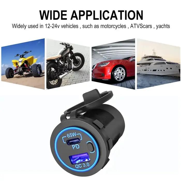 83W 12V USB Outlet Laptop Charger 65W USB-C PD3.0 & 18W QC3.0 Multi Car USB Port Socket Waterproof w