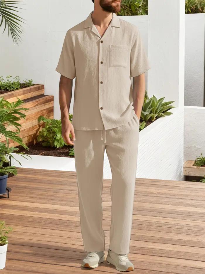 Ensembles décontractés deux pièces pour hommes – Hauts à revers à manches courtes et pantalons longs