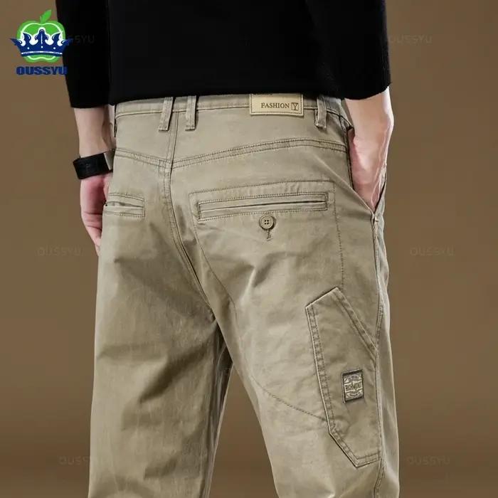 Pantalon Cargo Homme de Marque Haute Qualité 97% Coton Couleur Unie Vêtement de Travail Décontracté Large Style Coréen