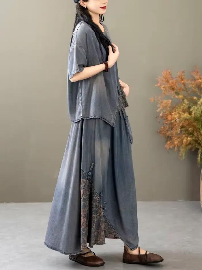 AmaxluluE 2025 costumes d'été femmes chinois 2 pièces ensembles décontracté imprimé Denim tenues de