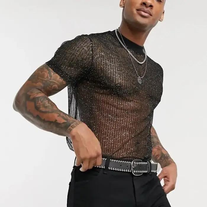 T-shirt brillant et sexy en polyester pour homme, coupe cintrée, fin et respirant, idéal pour les soirées de fête et les sorties nocturnes