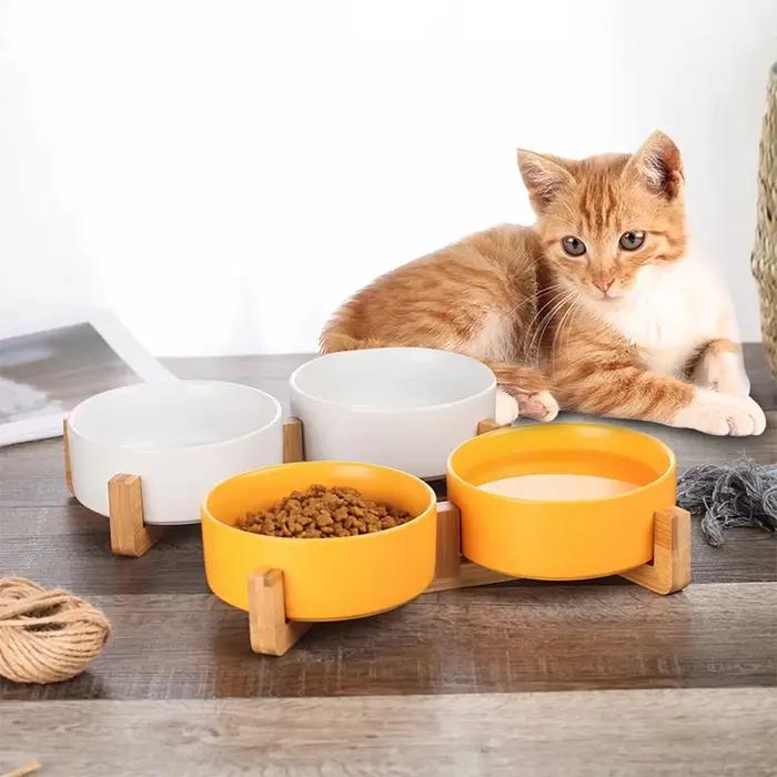 Filles en céramique avec support en bois pour animaux de compagnie