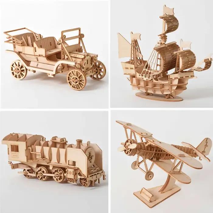 Bricolage 3d puzzle en bois pour assemblage Puzzle découpe Laser bateau à voile biplan Locomotive à