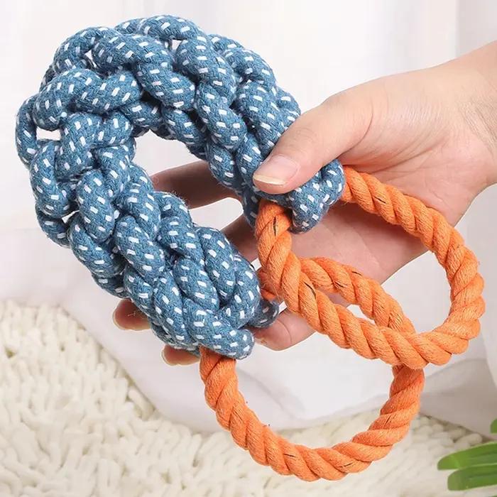 Jouet en corde pour chien en mélange de coton à double anneau - Durable