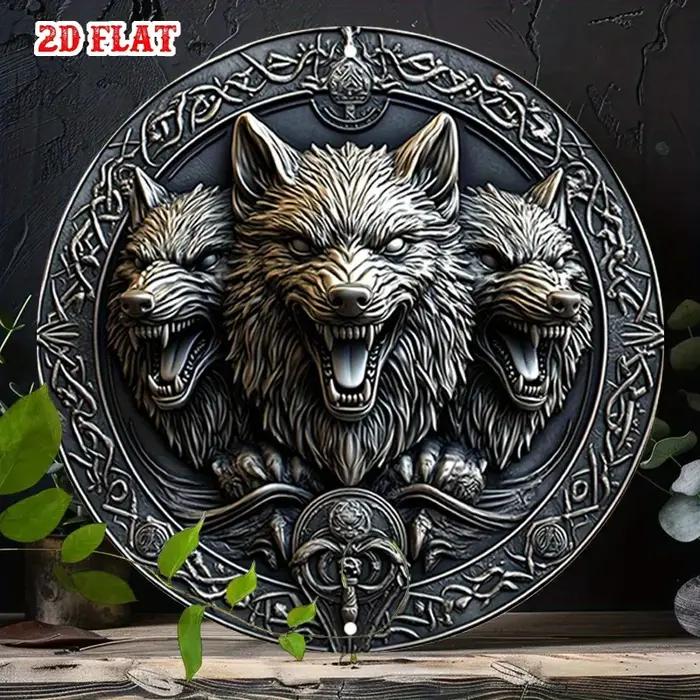 Panneau rond en aluminium 2D plat, 1 pièce, visages de loup, 19.99x19.99 cm, nœud celtique, Art mura