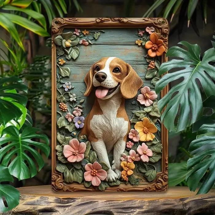 Décoration murale 3D en aluminium Chiot Beagle – Panneau métallique texturé