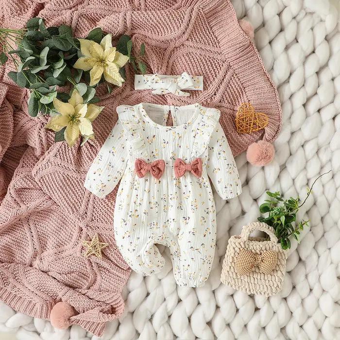Combinaison quotidienne à manches longues pour bébé fille imprimé floral avec nœud vêtements pour nouveau-né-6M bandes tricotées ajustement parfait pour les saisons toutes les années