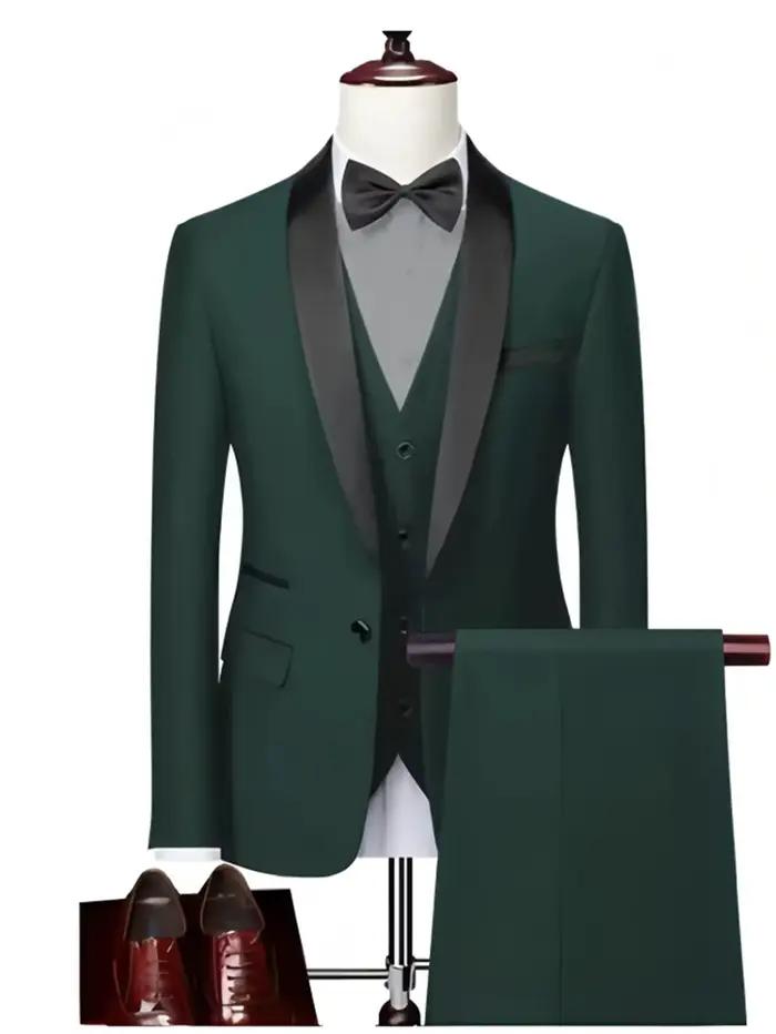 Costume formel trois pièces à col feuille verte pour hommes | Conception de couleurs contrastées,
