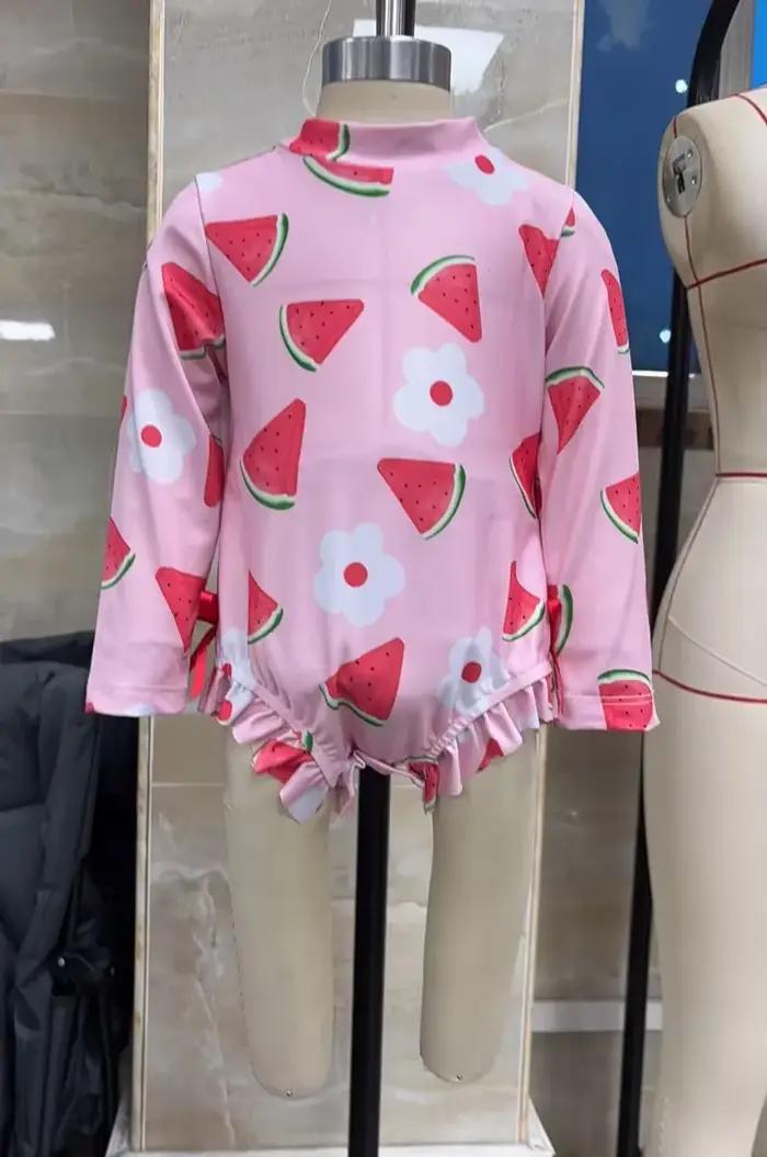 Vêtements de bain pour bébé fille, maillot de bain à manches longues avec imprimé fruits, maillot de bain pour nourrissons avec chapeau de soleil