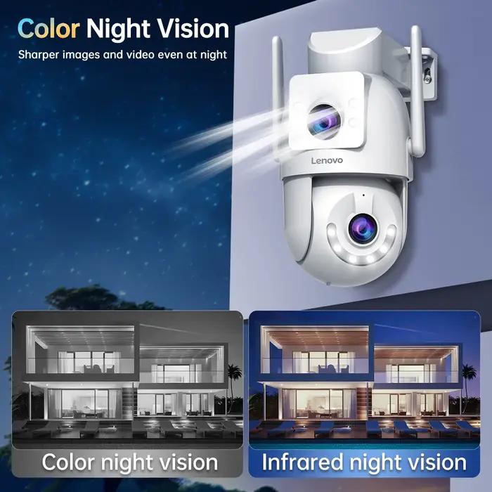 Caméra sécurité PTZ WiFi Lenovo 8MP - Vision nocturne couleur double écran - Surveillance extérieure auto-tracking